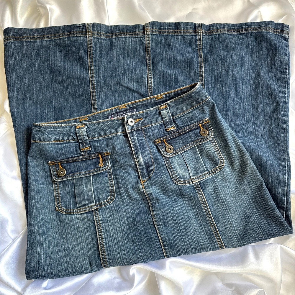 Baccini Denim Maxi Skirt Womens 4 Blue Jean Long Paneled Cargo Pocket Stretch
